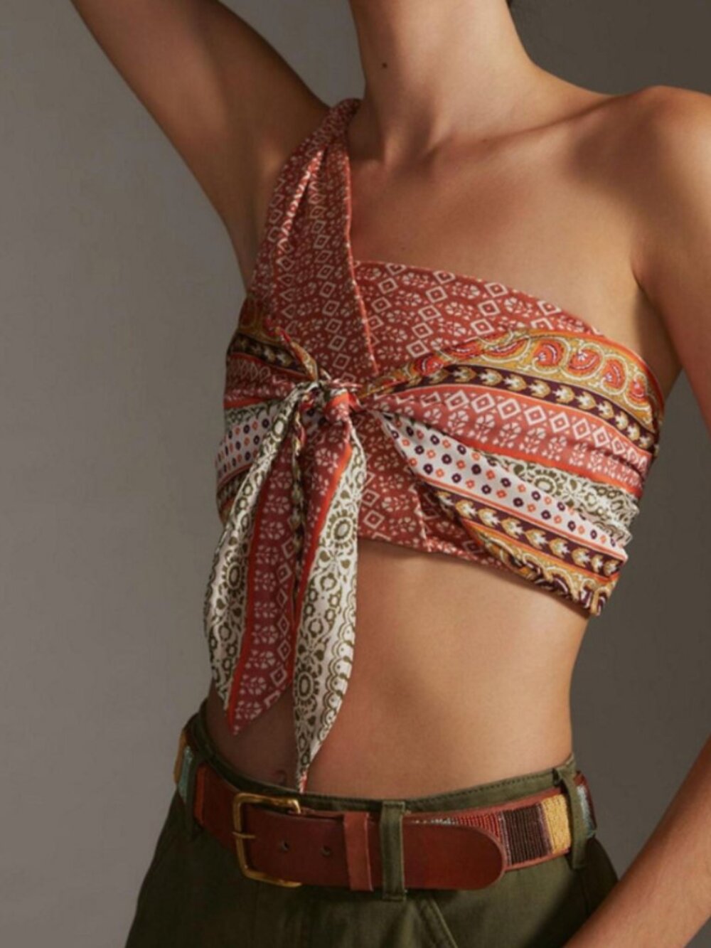 Anthropologie One Shoulder Scarf Tie Crop Top Red Motif S